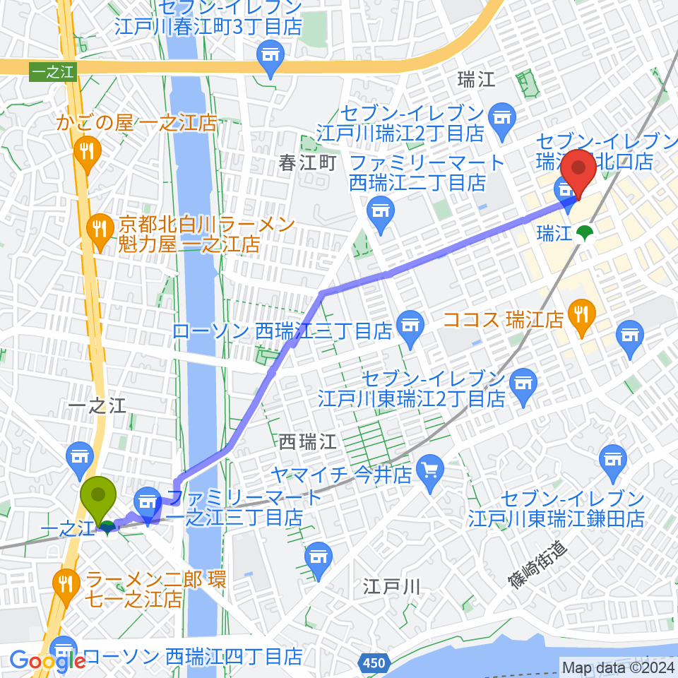 一之江駅から東部フレンドホールへのルートマップ地図