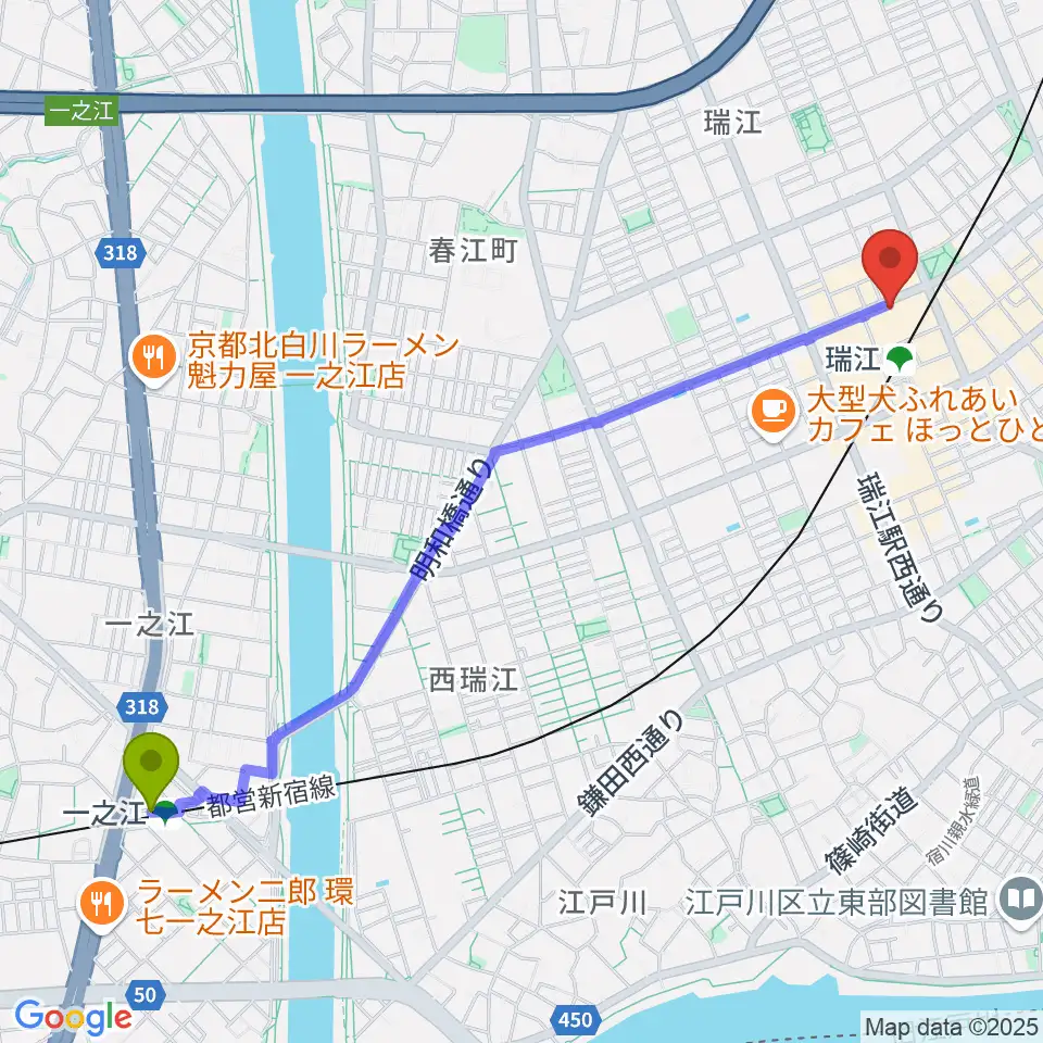 一之江駅から東部フレンドホールへのルートマップ地図