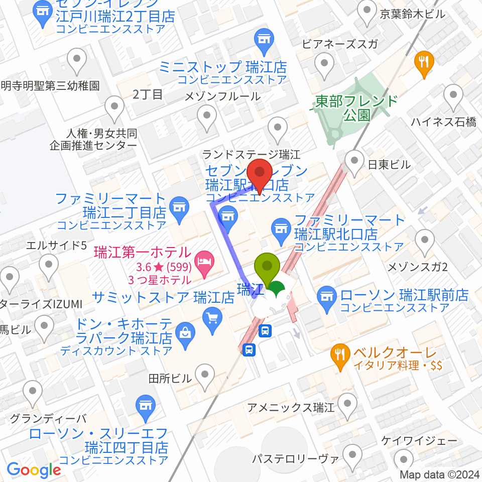 東部フレンドホールの最寄駅瑞江駅からの徒歩ルート（約2分）地図