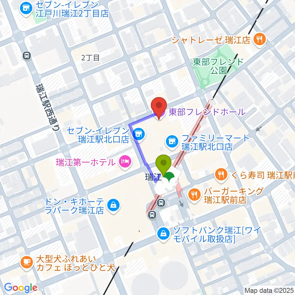 東部フレンドホールの最寄駅瑞江駅からの徒歩ルート（約2分）地図