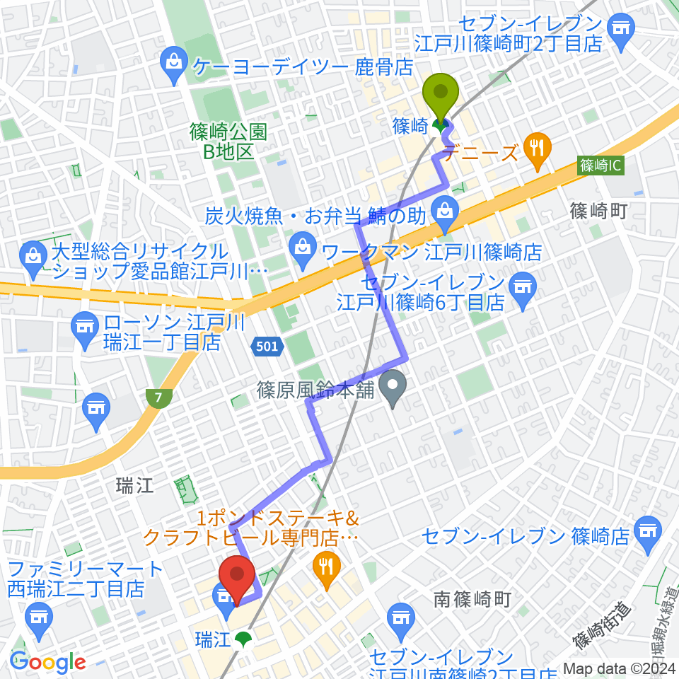 篠崎駅から東部フレンドホールへのルートマップ地図