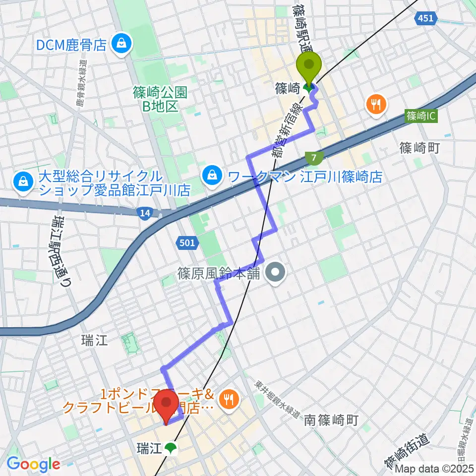 篠崎駅から東部フレンドホールへのルートマップ地図