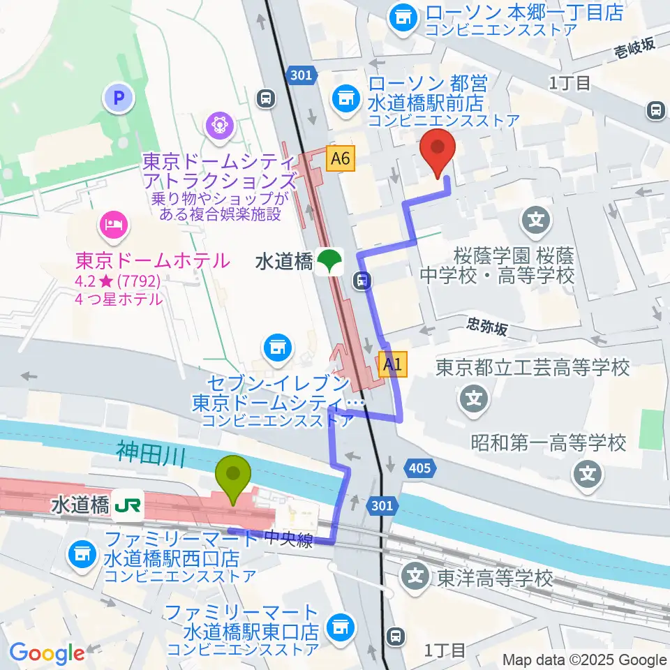 水道橋Wordsの最寄駅水道橋駅からの徒歩ルート（約4分）地図