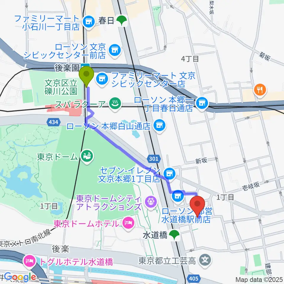 後楽園駅から水道橋Wordsへのルートマップ地図