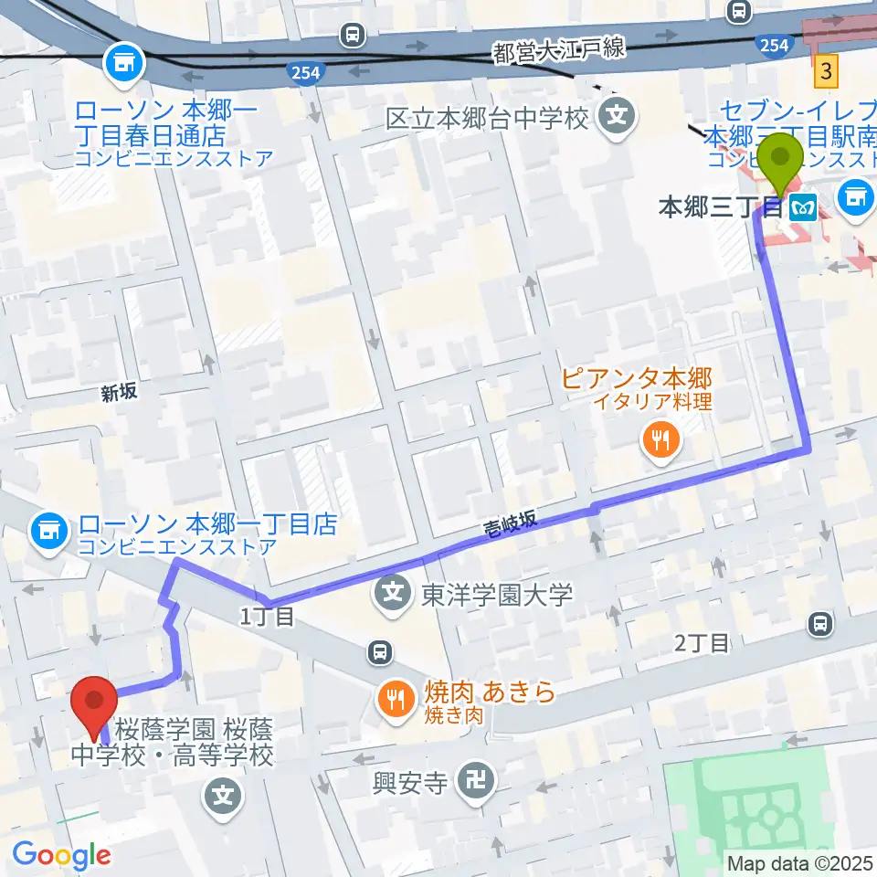 本郷三丁目駅から水道橋Wordsへのルートマップ地図