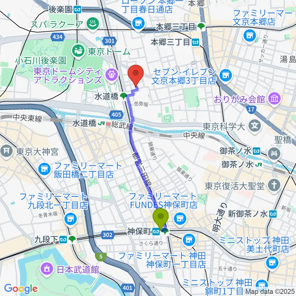 神保町駅から水道橋Wordsへのルートマップ地図