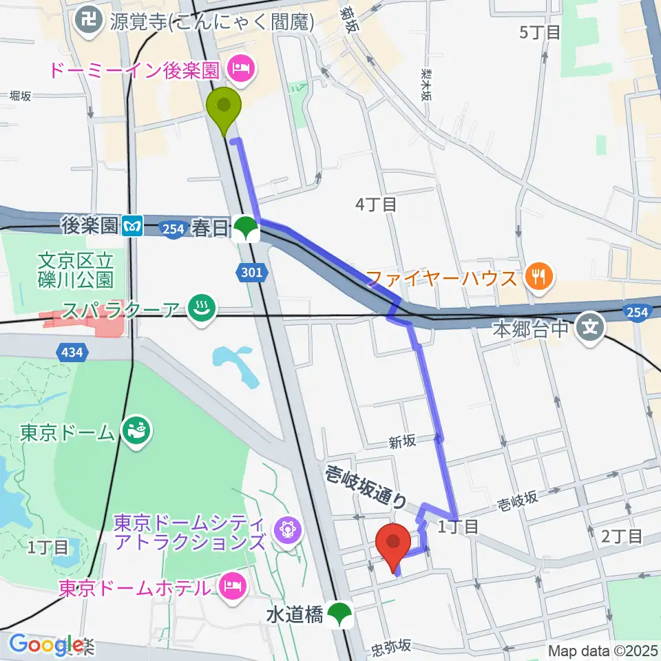 春日駅から水道橋Wordsへのルートマップ地図