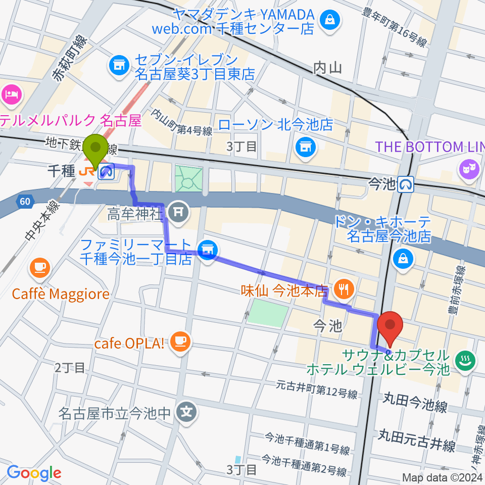 千種駅から今池GROWへのルートマップ地図