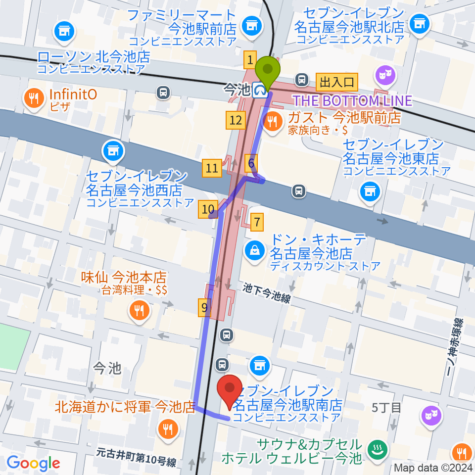 今池GROWの最寄駅今池駅からの徒歩ルート（約5分）地図