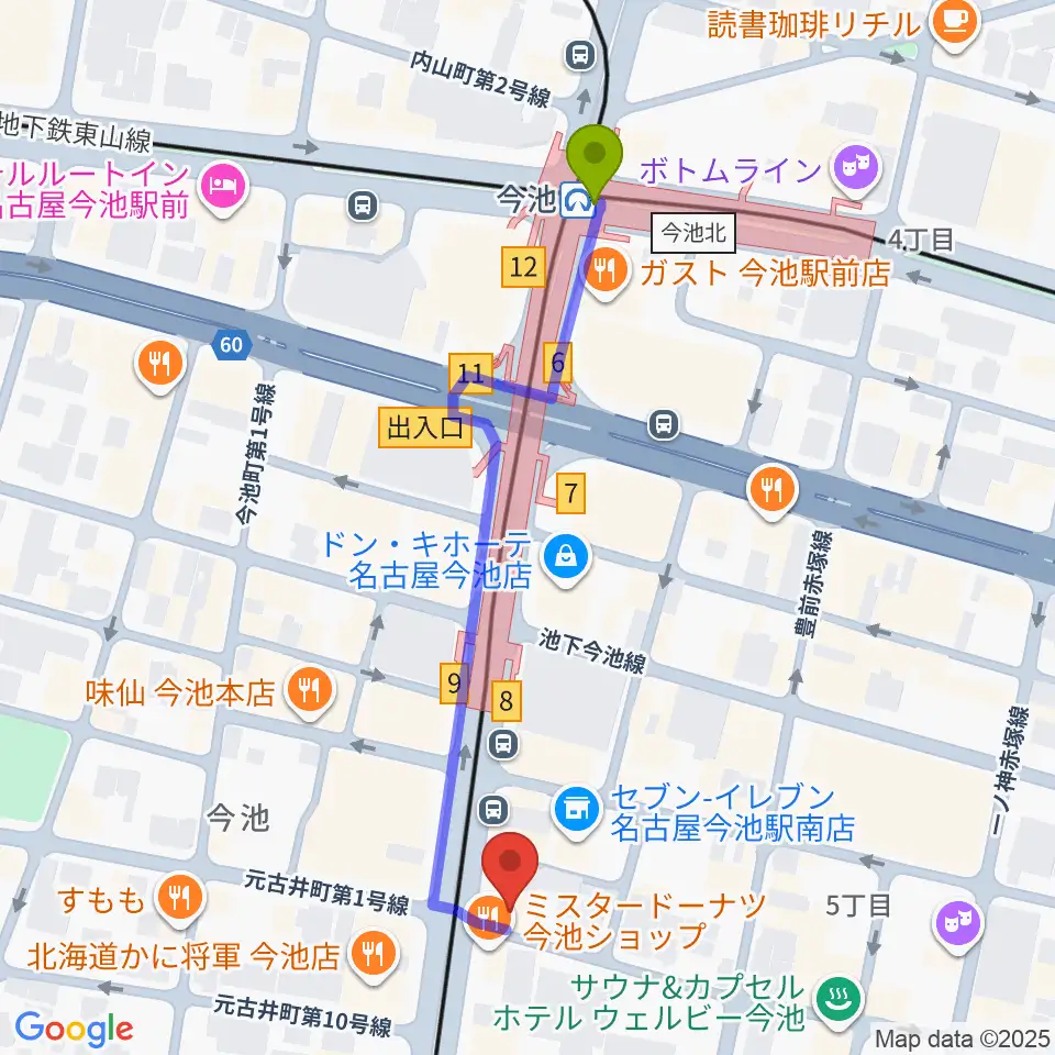 今池GROWの最寄駅今池駅からの徒歩ルート（約5分）地図
