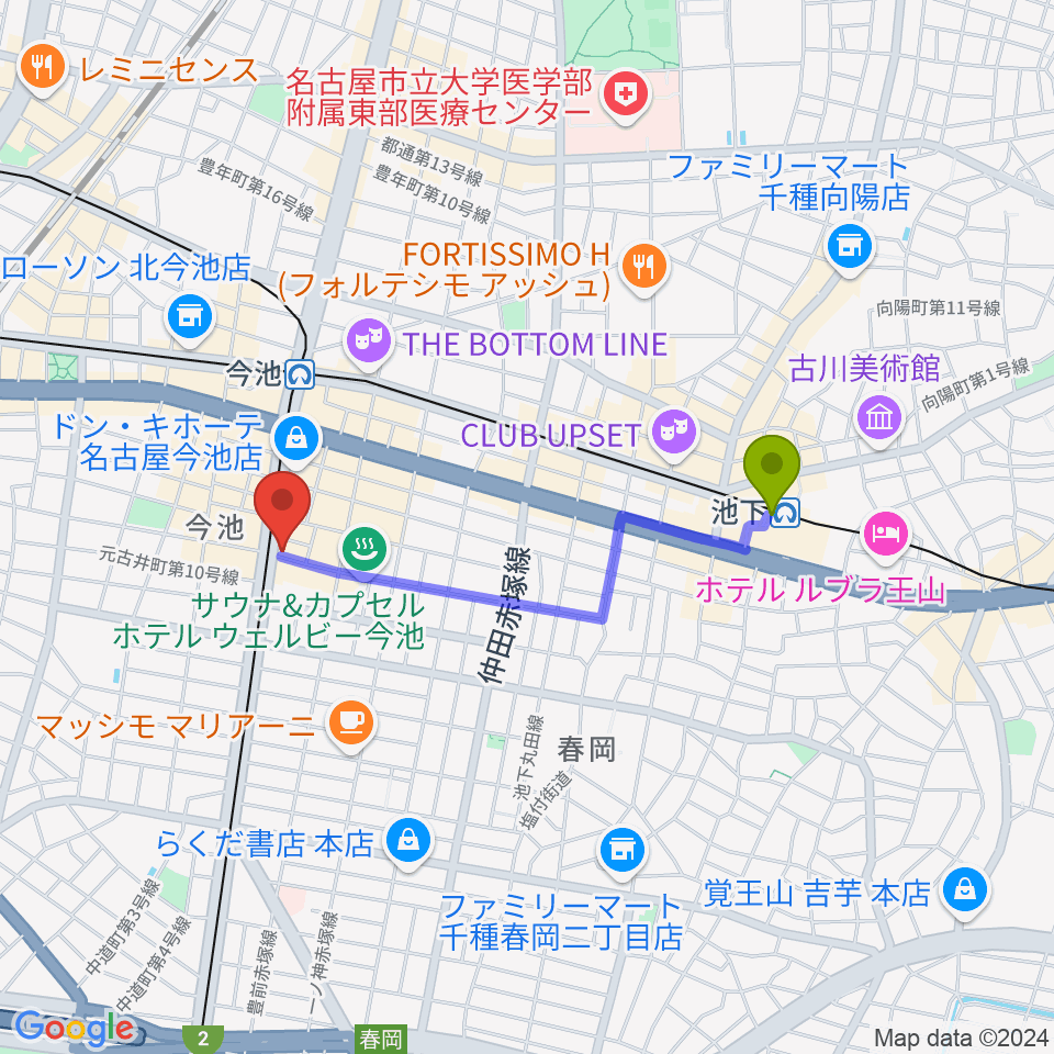 池下駅から今池GROWへのルートマップ地図