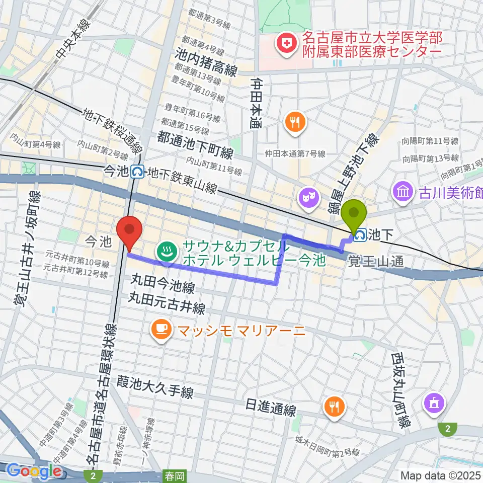 池下駅から今池GROWへのルートマップ地図