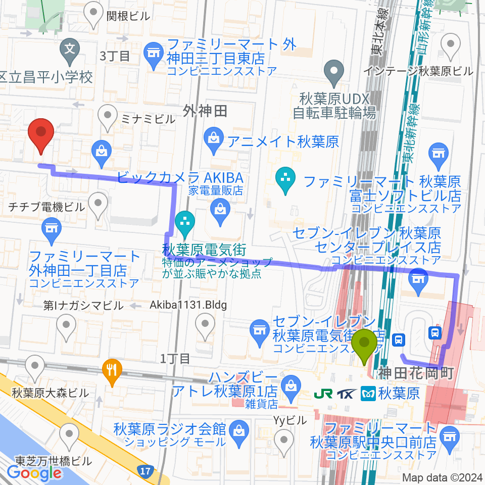 秋葉原駅から秋葉原ZESTへのルートマップ地図