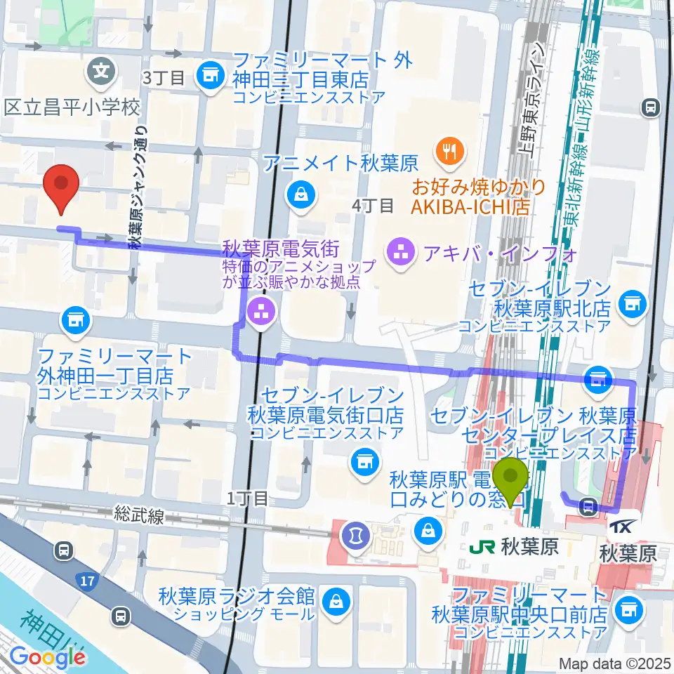 秋葉原駅から秋葉原ZESTへのルートマップ地図