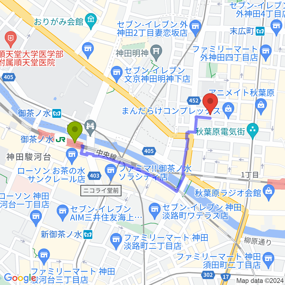 御茶ノ水駅から秋葉原ZESTへのルートマップ地図