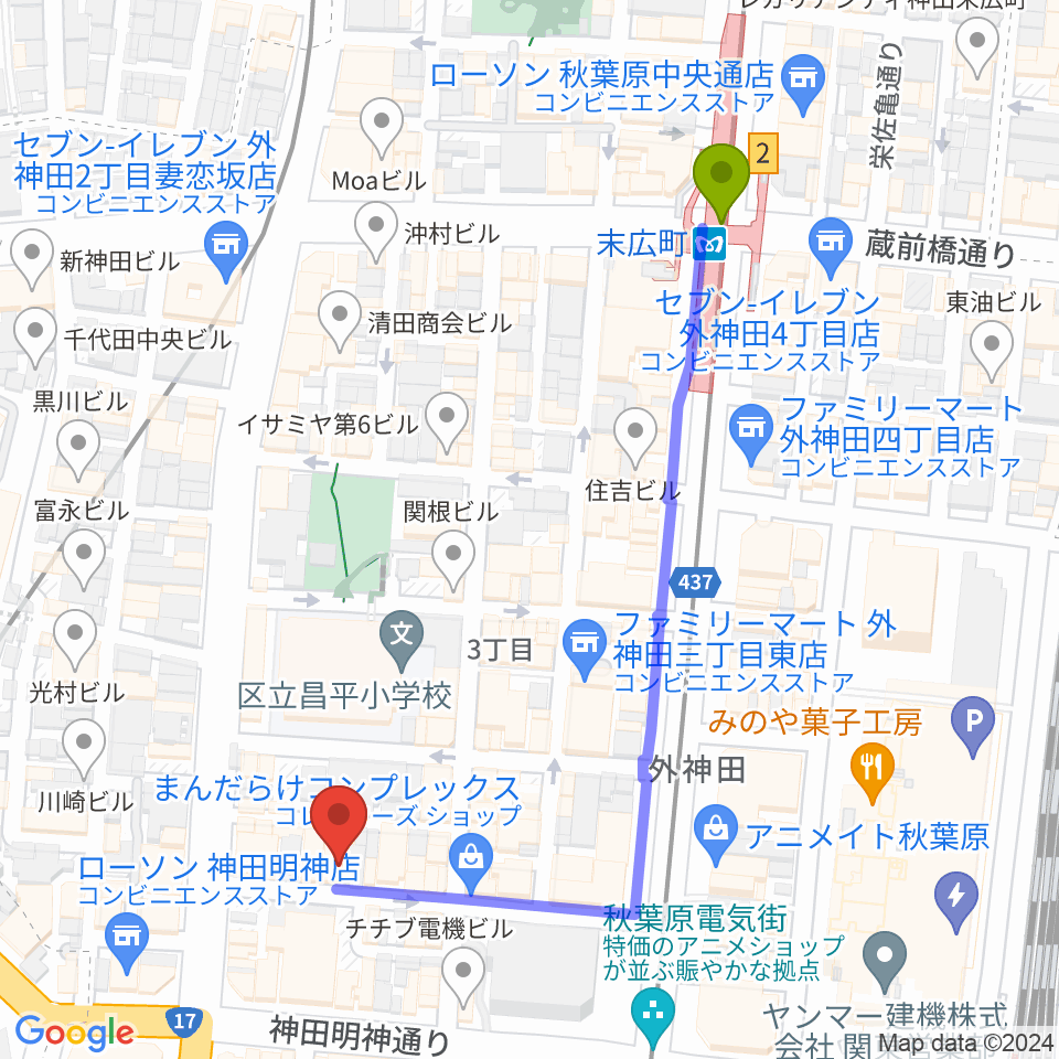 秋葉原ZESTの最寄駅末広町駅からの徒歩ルート（約5分）地図