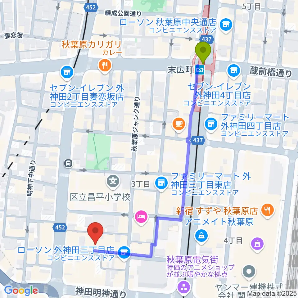 秋葉原ZESTの最寄駅末広町駅からの徒歩ルート（約5分）地図