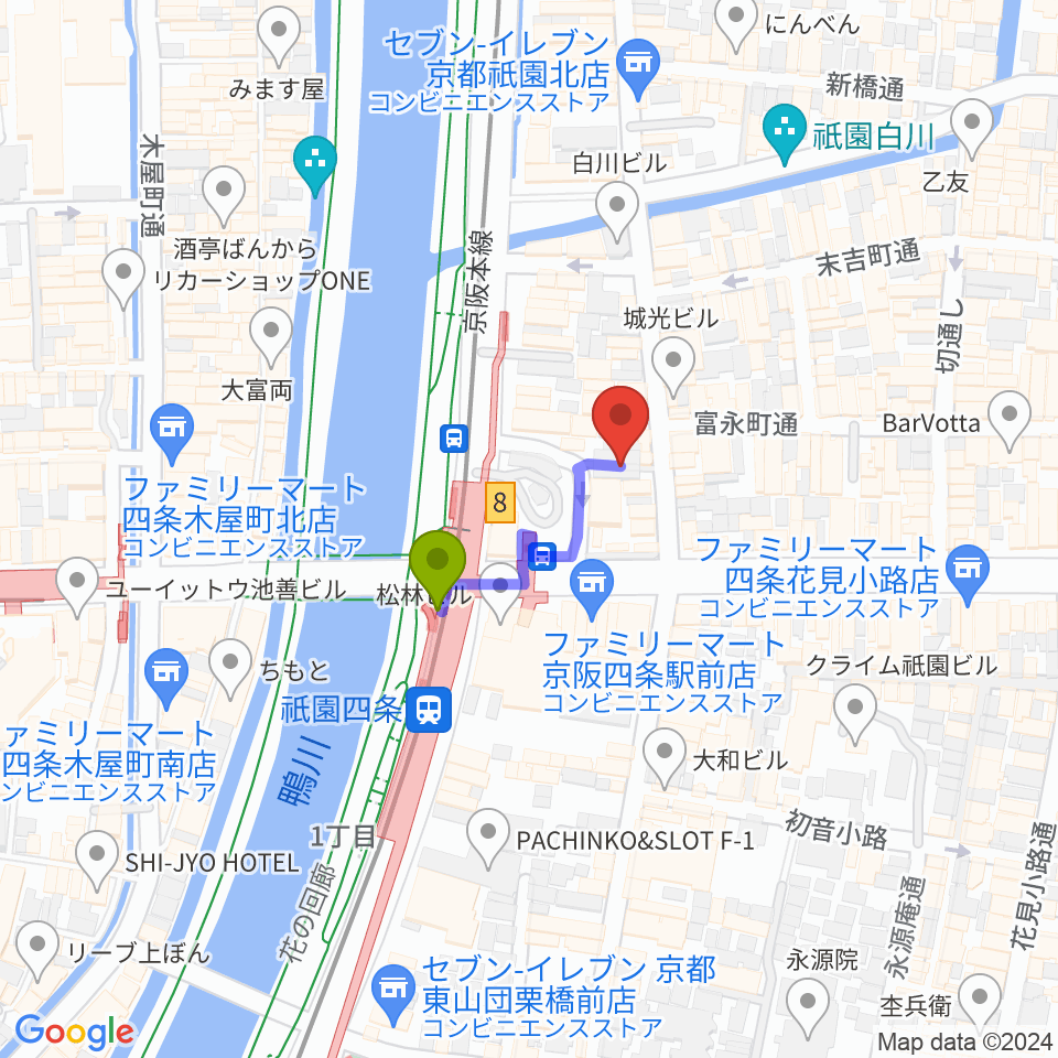 BARはでなの最寄駅祇園四条駅からの徒歩ルート（約2分）地図