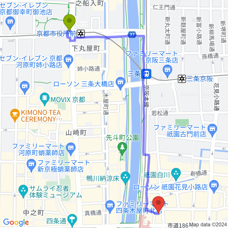 京都市役所前駅からBARはでなへのルートマップ地図