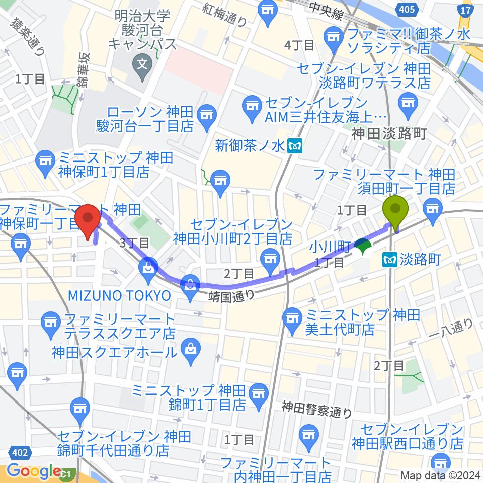 淡路町駅から駿河台下スタジオへのルートマップ地図