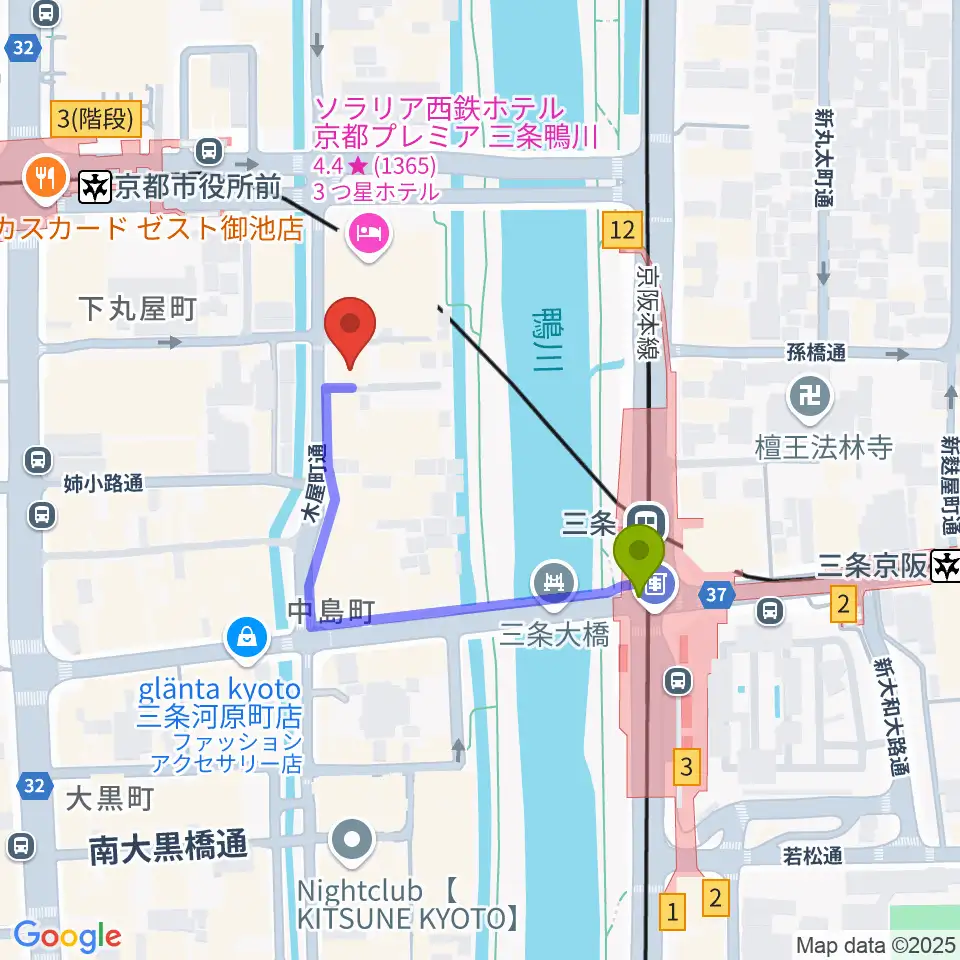 ライブスポットラグの最寄駅三条駅からの徒歩ルート（約3分）地図