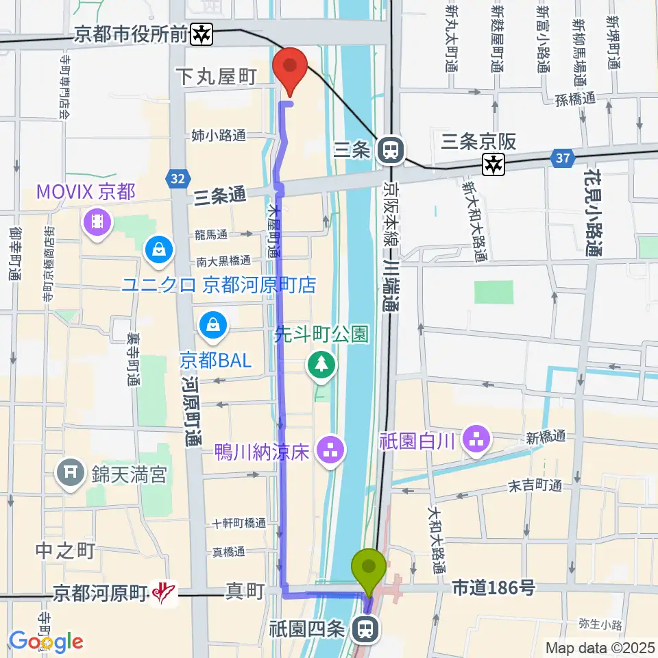 祇園四条駅からライブスポットラグへのルートマップ地図