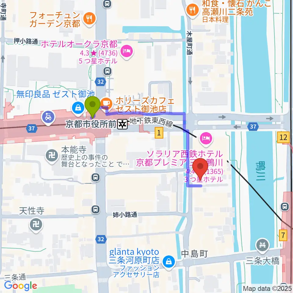 京都市役所前駅からライブスポットラグへのルートマップ地図