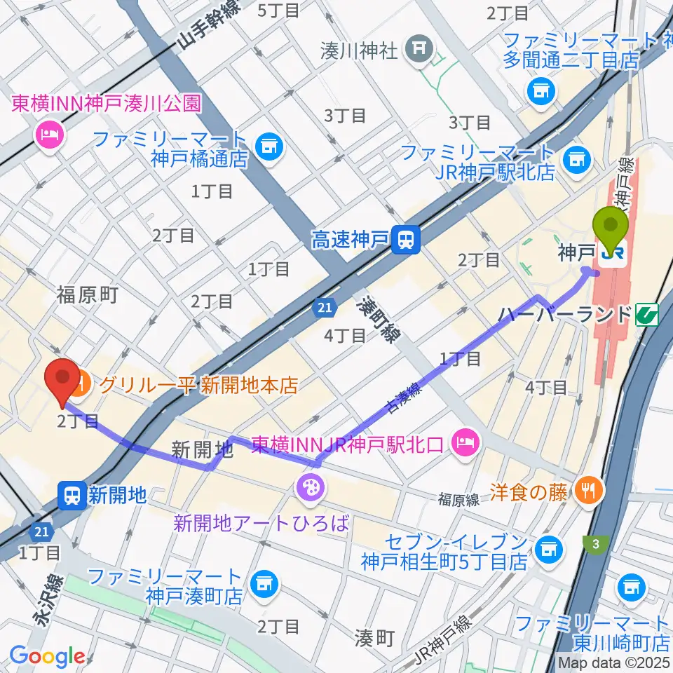 神戸駅から神戸新開地・喜楽館へのルートマップ地図