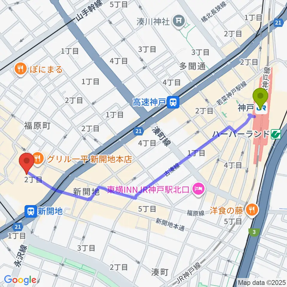 神戸駅から神戸新開地・喜楽館へのルートマップ地図