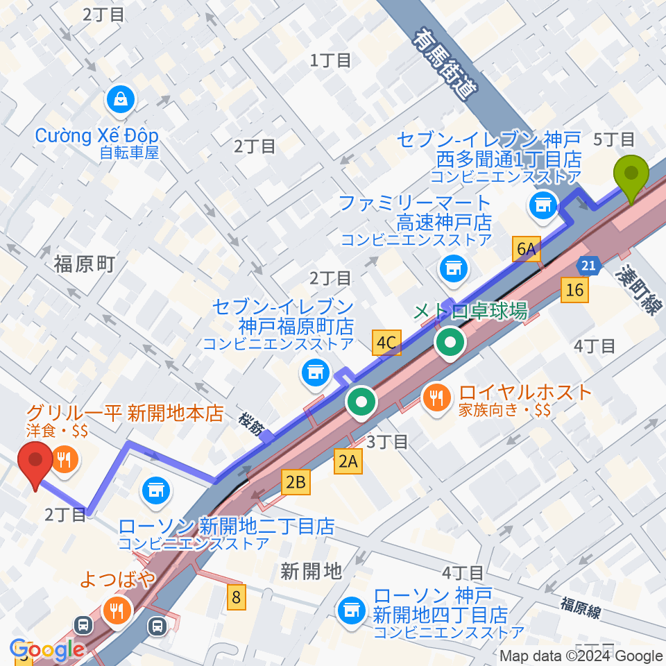 高速神戸駅から神戸新開地・喜楽館へのルートマップ地図