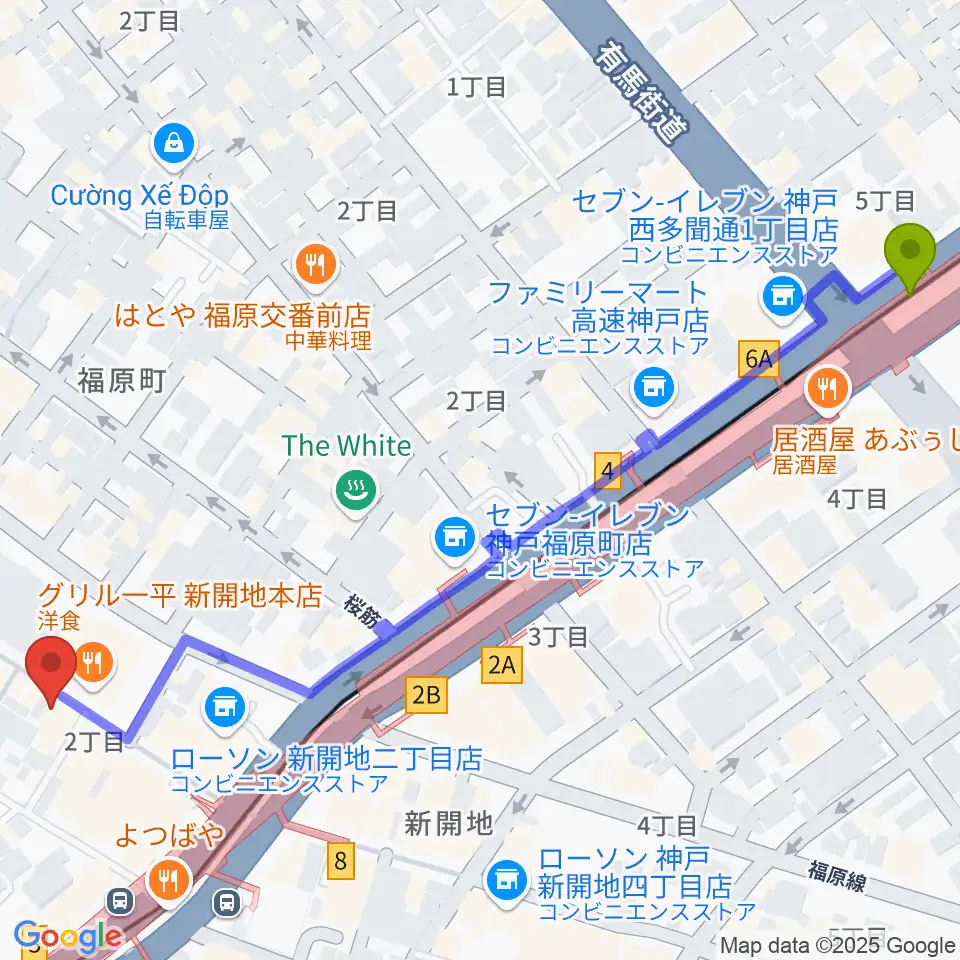 高速神戸駅から神戸新開地・喜楽館へのルートマップ地図