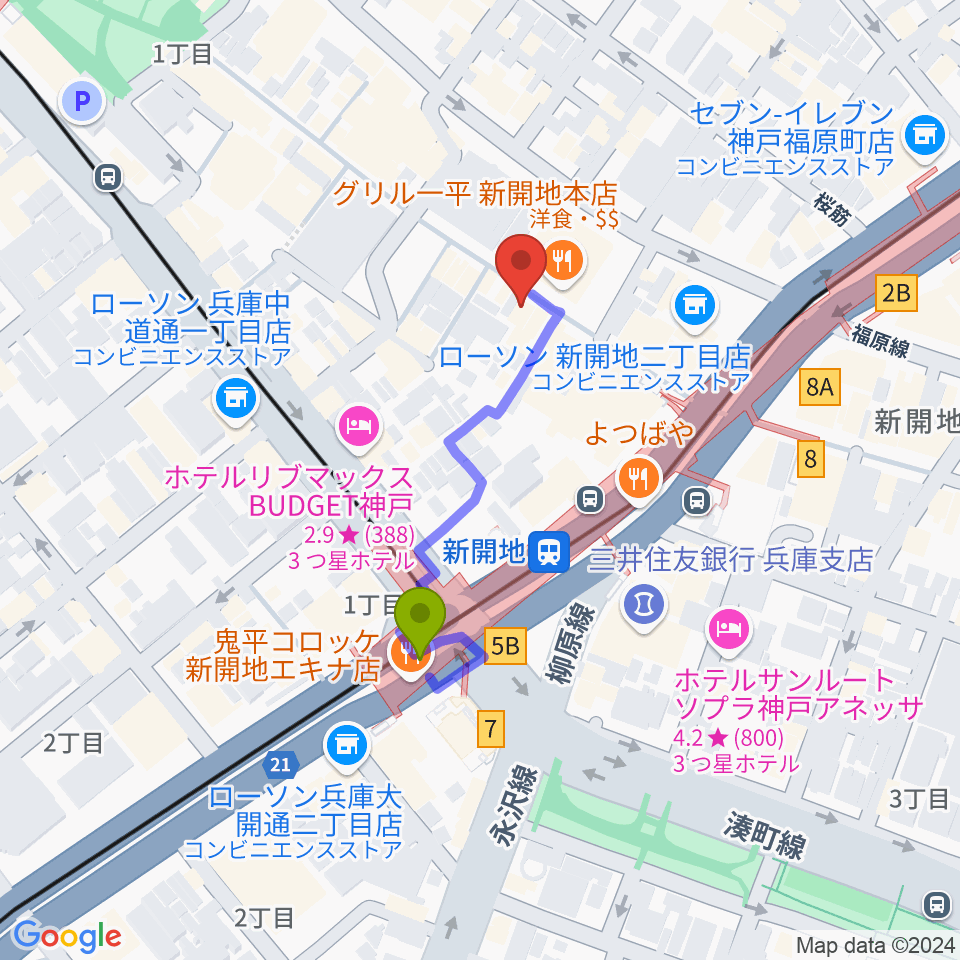 神戸新開地・喜楽館の最寄駅新開地駅からの徒歩ルート（約3分）地図