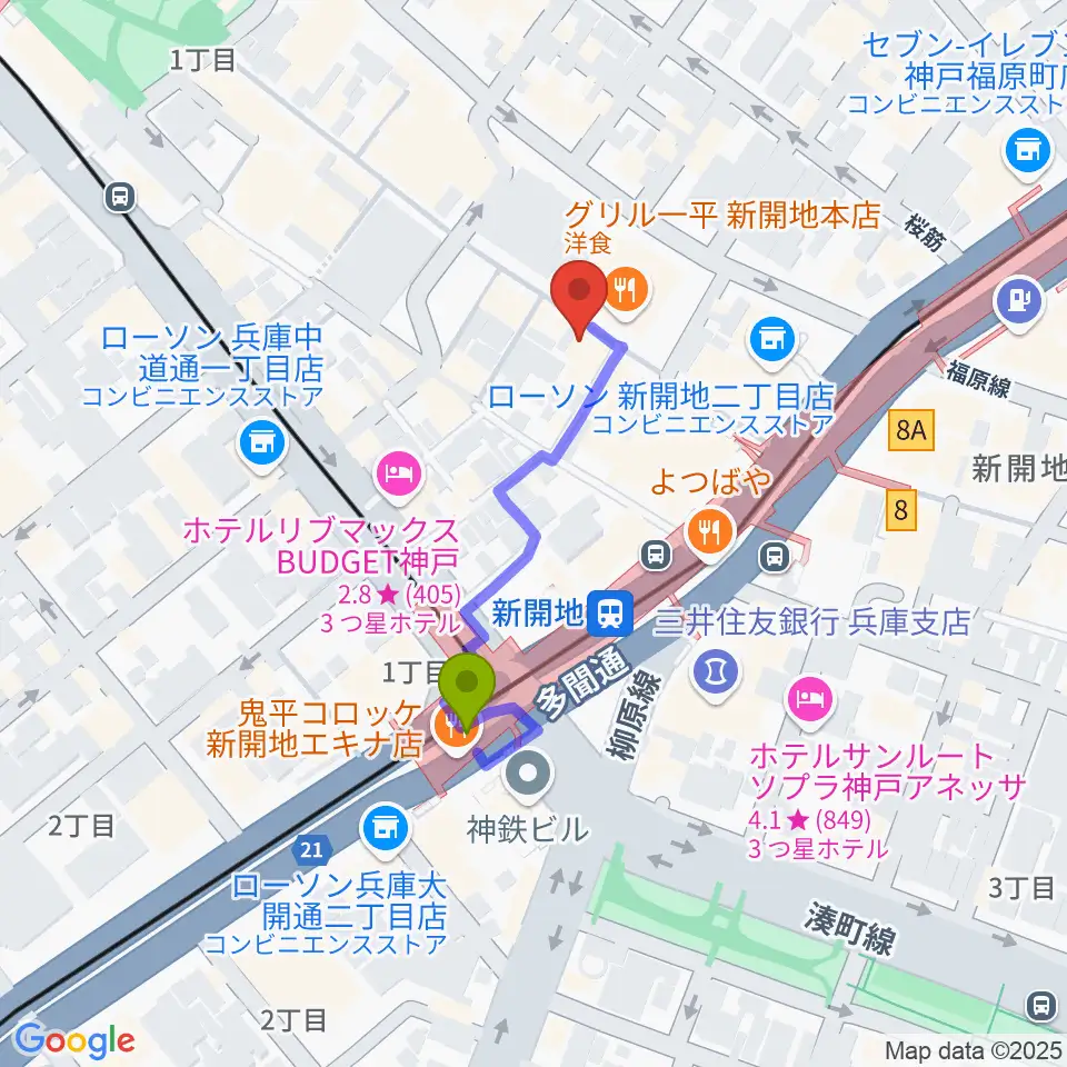 神戸新開地・喜楽館の最寄駅新開地駅からの徒歩ルート（約3分）地図