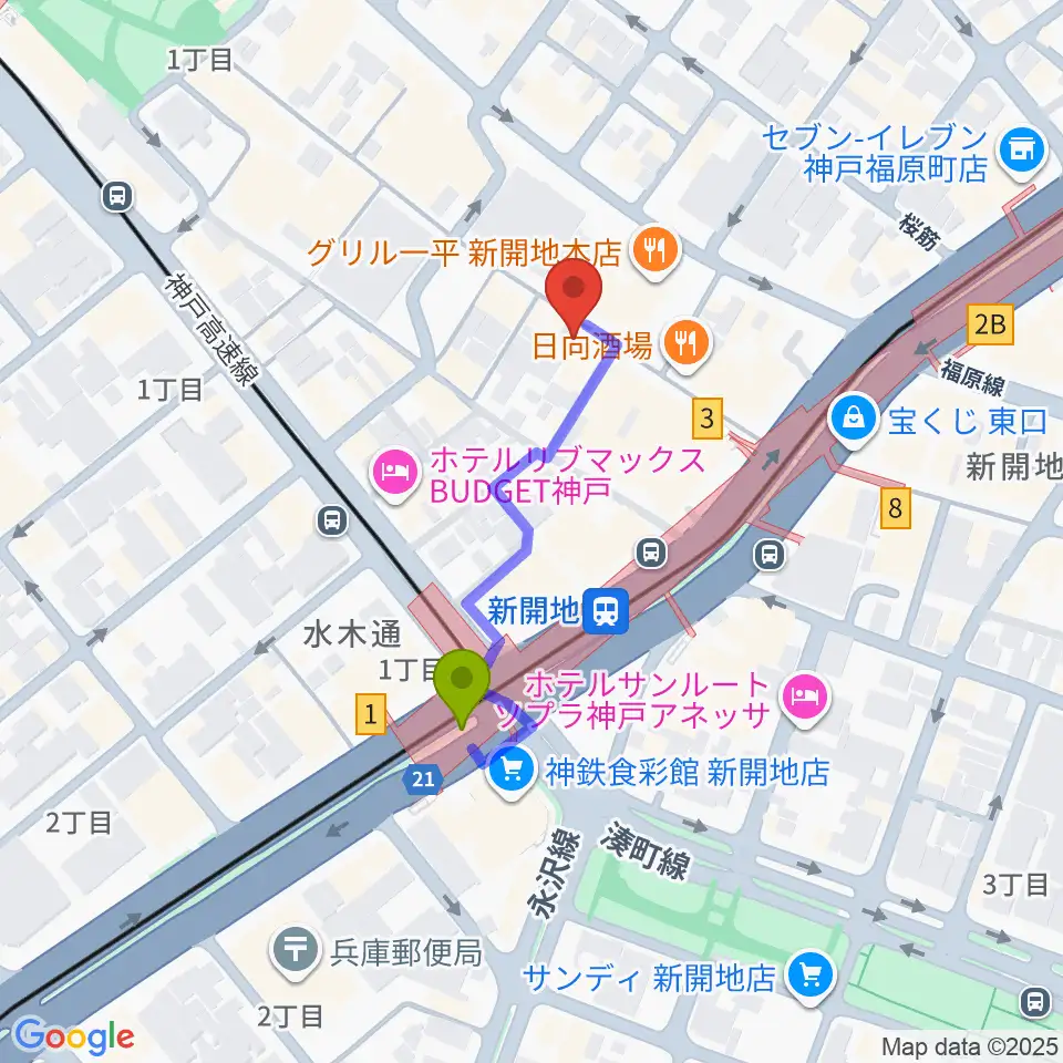 神戸新開地・喜楽館の最寄駅新開地駅からの徒歩ルート（約3分）地図