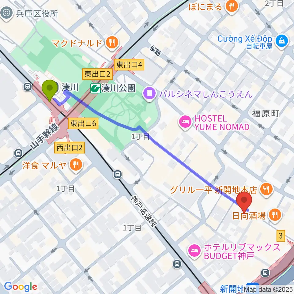 湊川駅から神戸新開地・喜楽館へのルートマップ地図