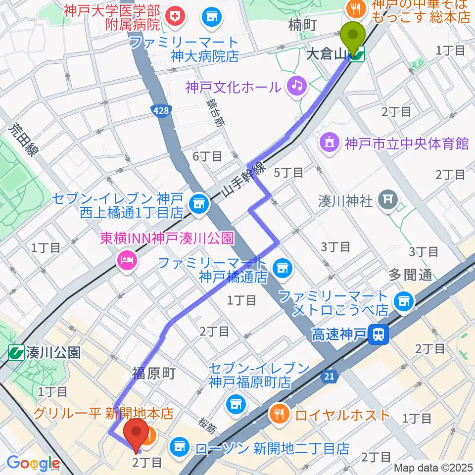 大倉山駅から神戸新開地・喜楽館へのルートマップ地図