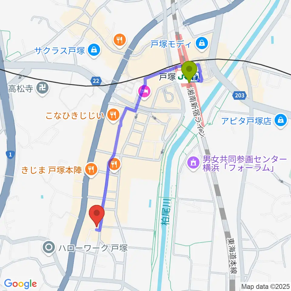 さやか音感ピアノ教室の最寄駅戸塚駅からの徒歩ルート（約9分）地図