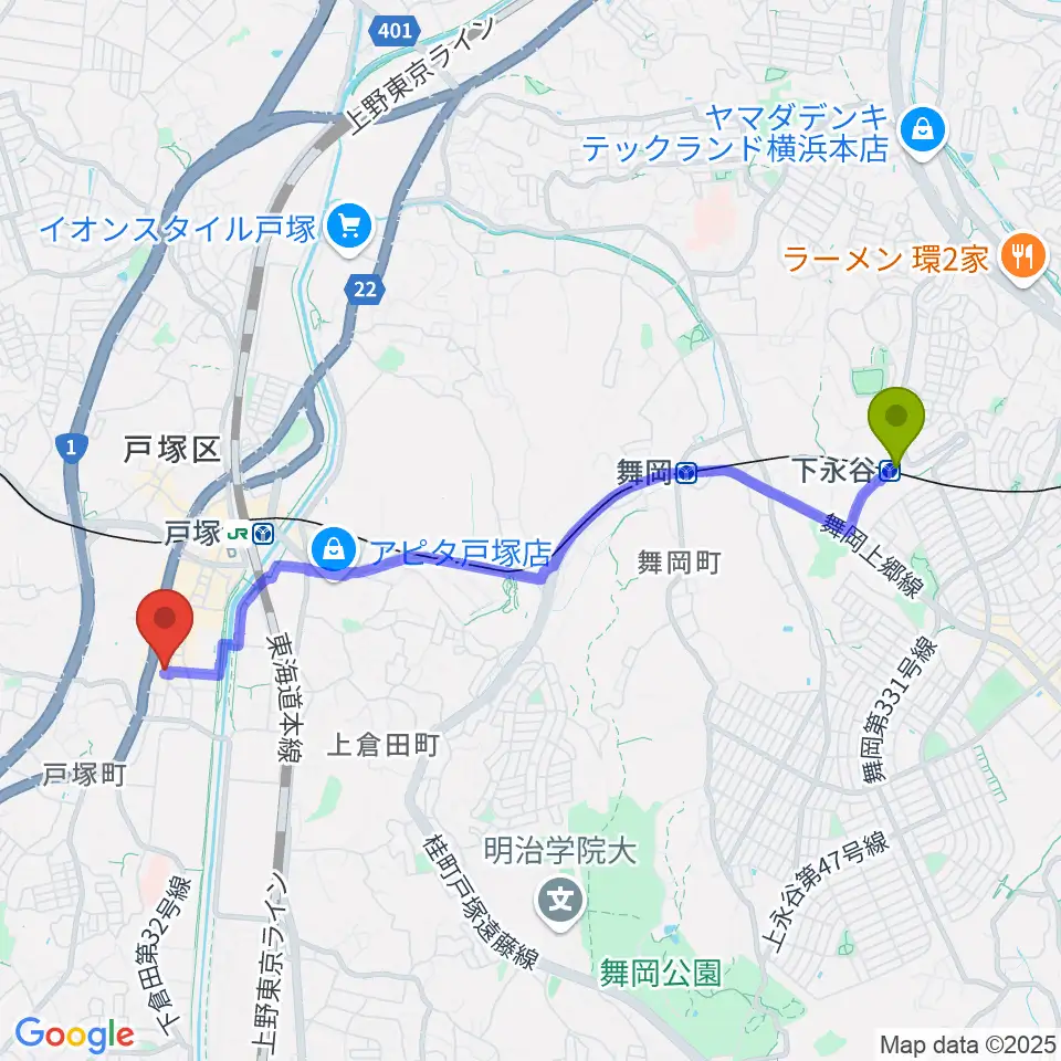下永谷駅からさやか音感ピアノ教室へのルートマップ地図