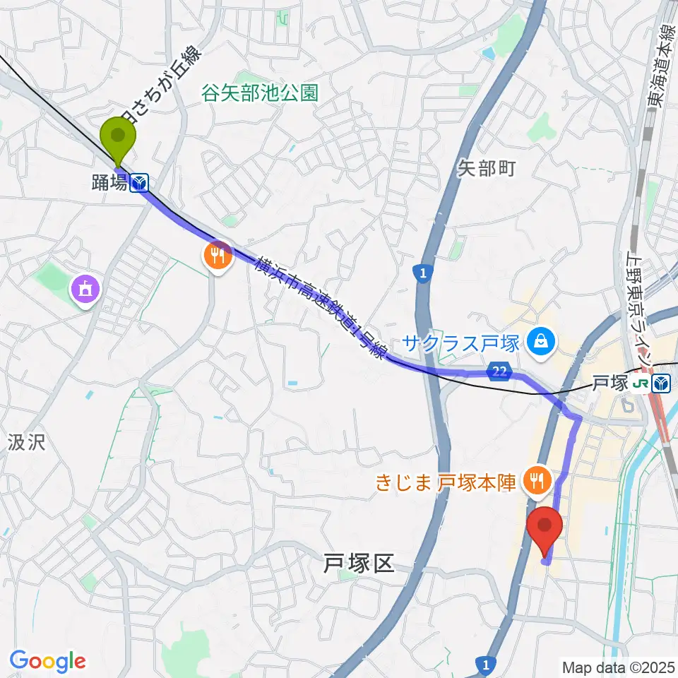 踊場駅からさやか音感ピアノ教室へのルートマップ地図