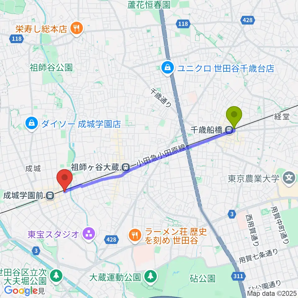 千歳船橋駅からアトリエ第Q藝術へのルートマップ地図