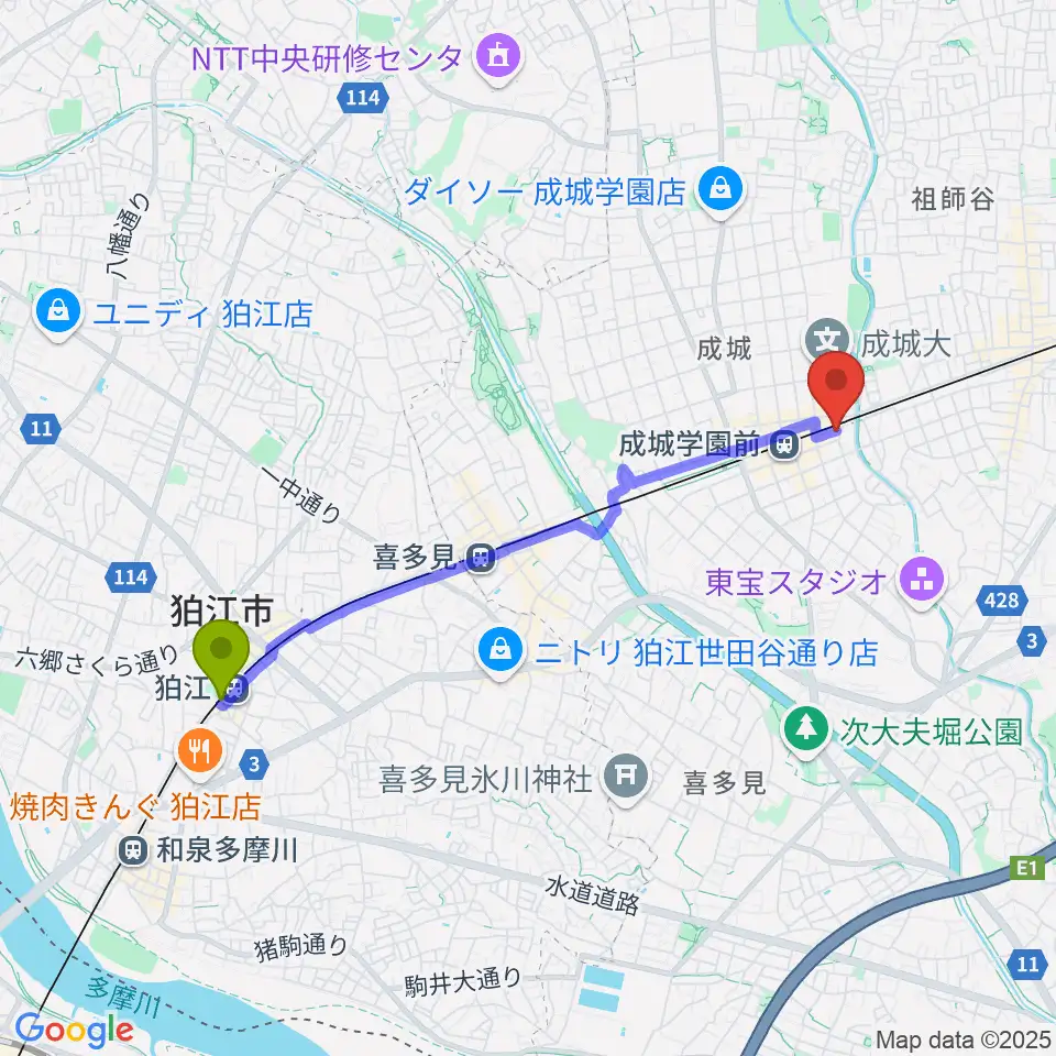 狛江駅からアトリエ第Q藝術へのルートマップ地図