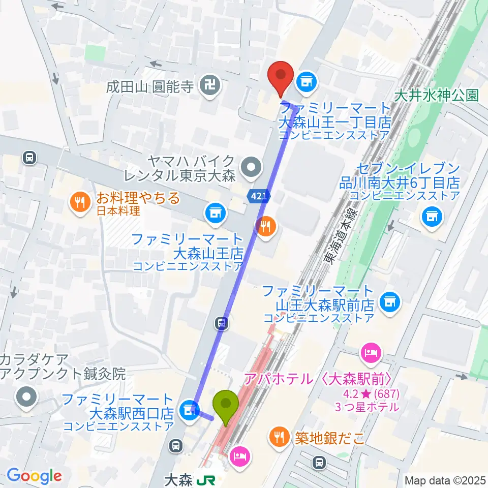 いしはら弦楽器工房の最寄駅大森駅からの徒歩ルート（約5分）地図