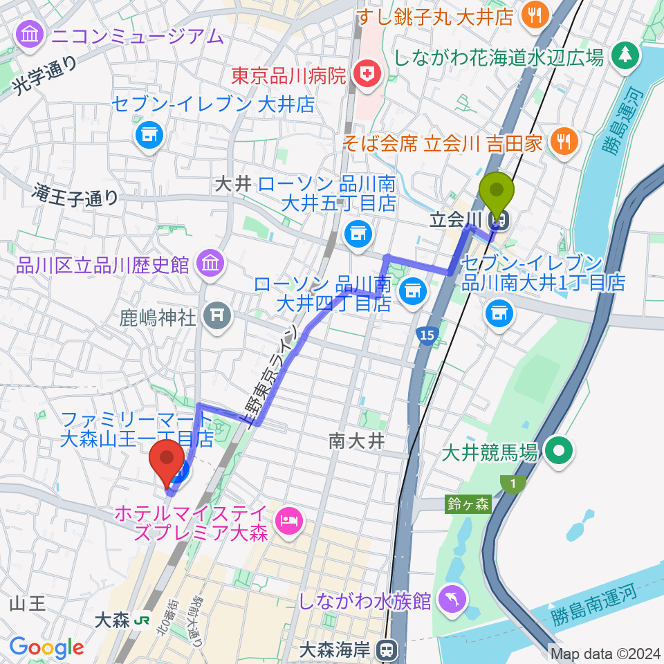 立会川駅からいしはら弦楽器工房へのルートマップ地図