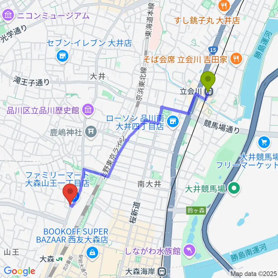 立会川駅からいしはら弦楽器工房へのルートマップ地図