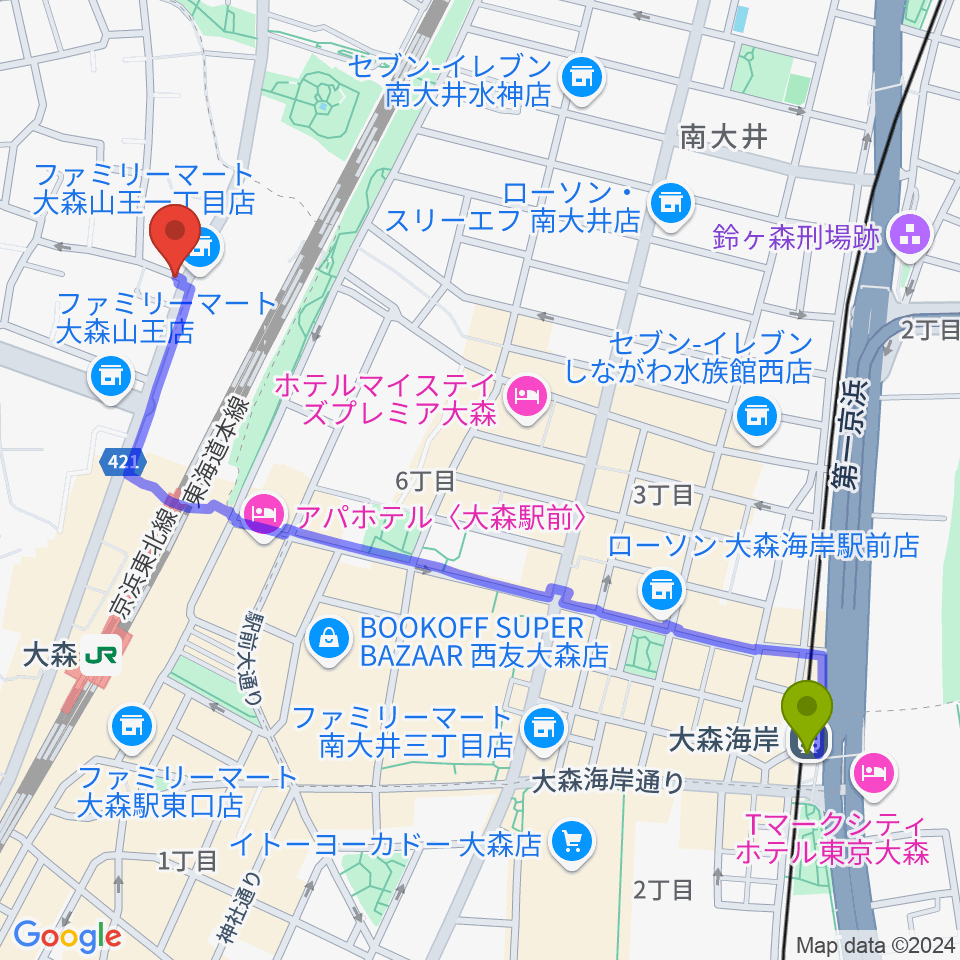 大森海岸駅からいしはら弦楽器工房へのルートマップ地図