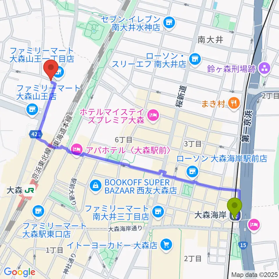 大森海岸駅からいしはら弦楽器工房へのルートマップ地図
