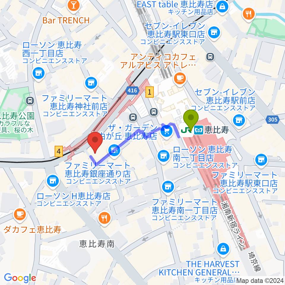 声の達人スタジオの最寄駅恵比寿駅からの徒歩ルート（約3分）地図