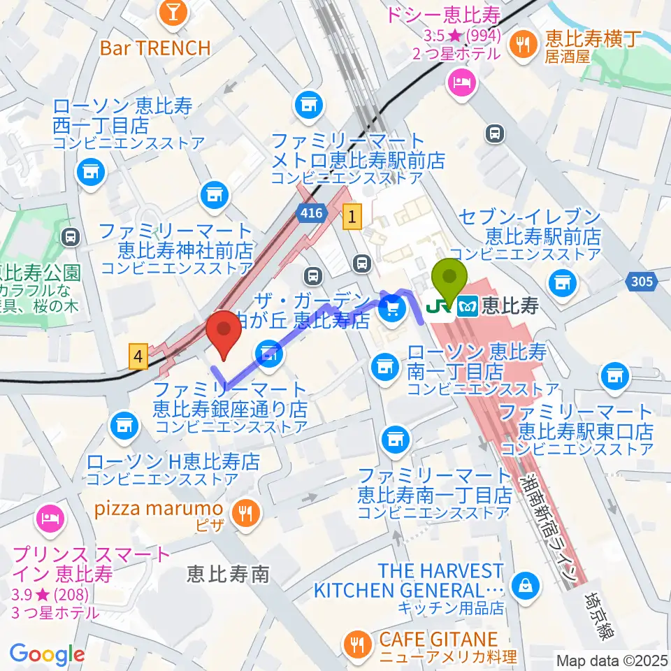 声の達人スタジオの最寄駅恵比寿駅からの徒歩ルート（約3分）地図