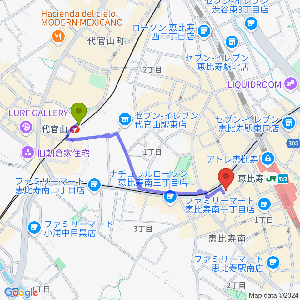 代官山駅から声の達人スタジオへのルートマップ地図