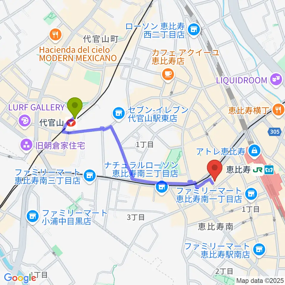 代官山駅から声の達人スタジオへのルートマップ地図